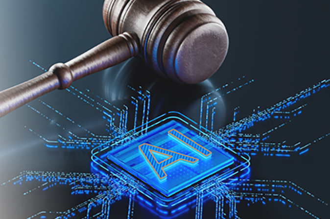 Judge's gavel with a computer generated box that says AI