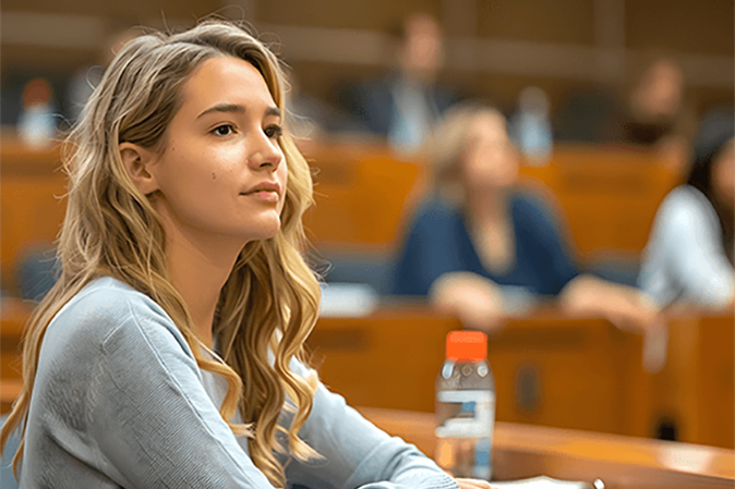 Young woman listening in a courtroom